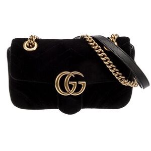 Gucci Black Velvet Double G Marmont Mini Shoulder Bag with Gold Chain